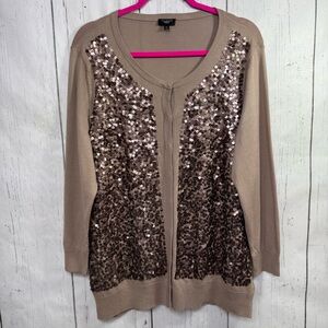 Talbots Sequin Front Cardigan Sweater Woman 2X Taupe Brown Sparkle Knit Glam